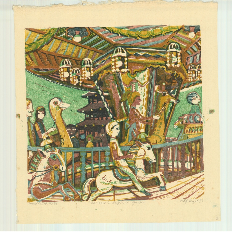 Karussell im Englischen Garten, 1973, Farblinolschnitt 384x378