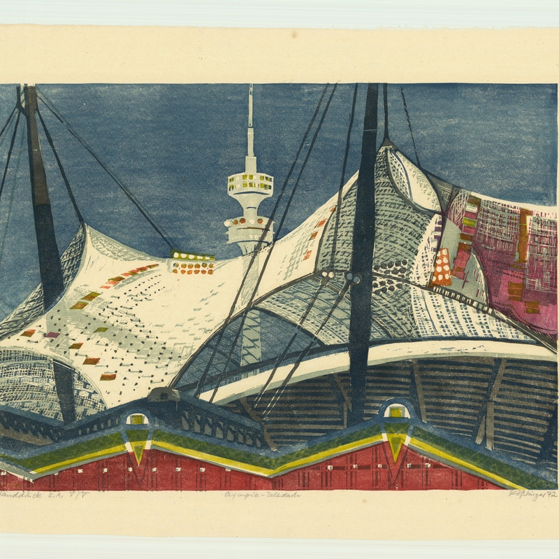 Olympia-Zeltdach, 1972, Farblinolschnitt 527x380